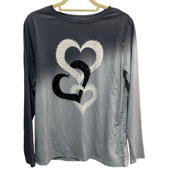 Grey Ombre Long Sleeve T-shirt Triple Heart Graphic - Size M - NWOT - Picture 1 of 5